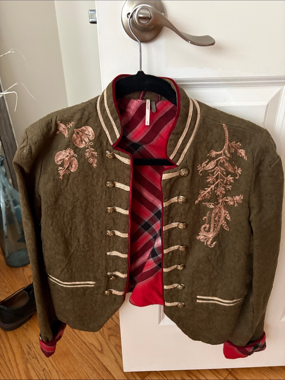 We The Free Olive Green Military-Style Embroidered Jacket with Red Plaid Lining
